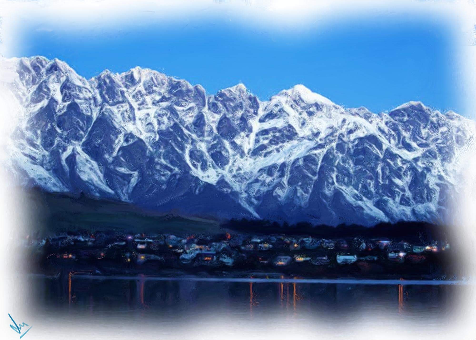 The Remarkables covered with snow in Winter - Digital Painting by Shaalyn Monteiro
